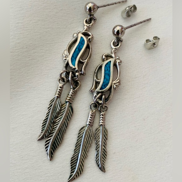Native American Turquoise and Sterling Drop Feather Charm Earrings Wheeler Mark - Picture 5 of 5